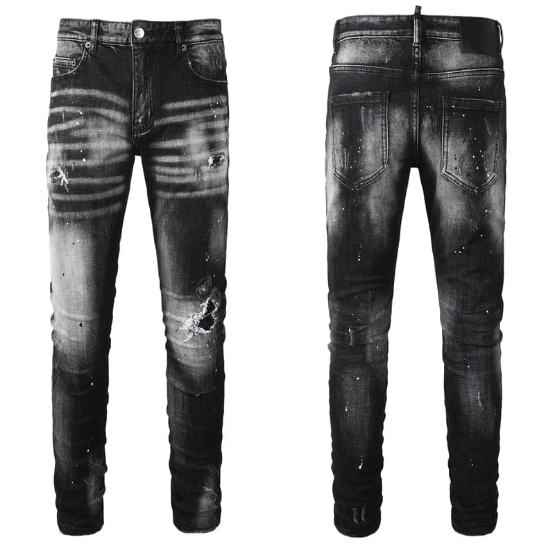 Fashionable new men's jeans with pleated, painted, washed, nostalgic, stretchy, slim fit, black perforated jeans, high street hi