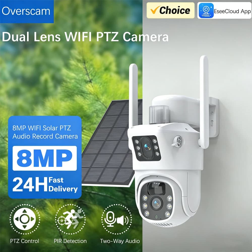 Dual Lens and Dual Screen PTZ Security Camera, 5G and 2.4GHZ WIFI, Solar Power Supply, Battery, 8MP 4K, CCTV Alarm, PIR Detection, EseeCloud IP Camera