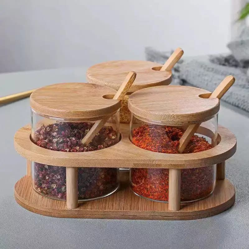 3Pcs Round Glass Spice Jar Set With Lids Triangular Bamboo Storage Rack & Bamboo Spoon Multifunctional Kitchen Condiment Seasoning Container Household Spice Storage Can