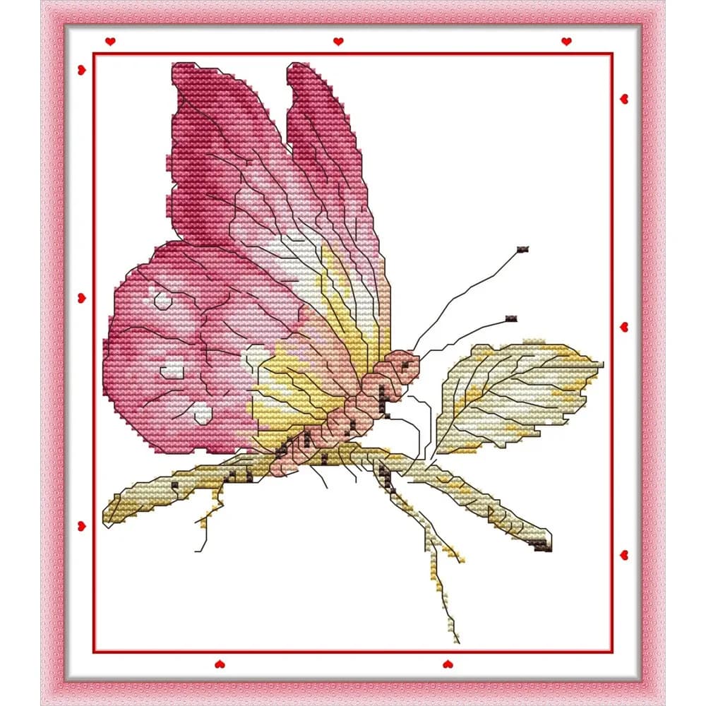 Joy Sunday News Pre-Printed Cross Stitch Kit, Stamped Aida Fabric with DMC Threads, Embroidery Kit - Pink Butterfly