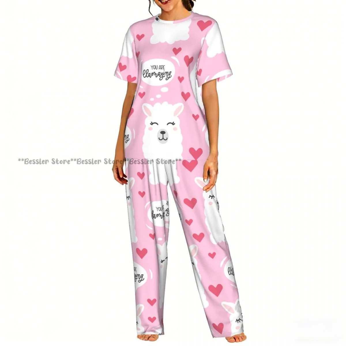 Women's set in 2 pieces You Are Llamazing with blade pattern and hearts, pajamas with short sleeve top and trousers.