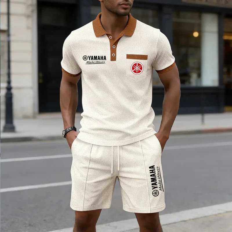 Set Polo e Pantaloncini da Uomo Yamaha Multicolore in Maglia Waffle, Traspirante e Assorbente, per Uso Quotidiano e Streetwear