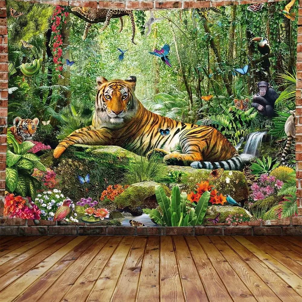 King of the Forest Tiger and Tropical Rainforest Wall Hanging Tapestry - Artistic Home Decor for Living Room and Dorm