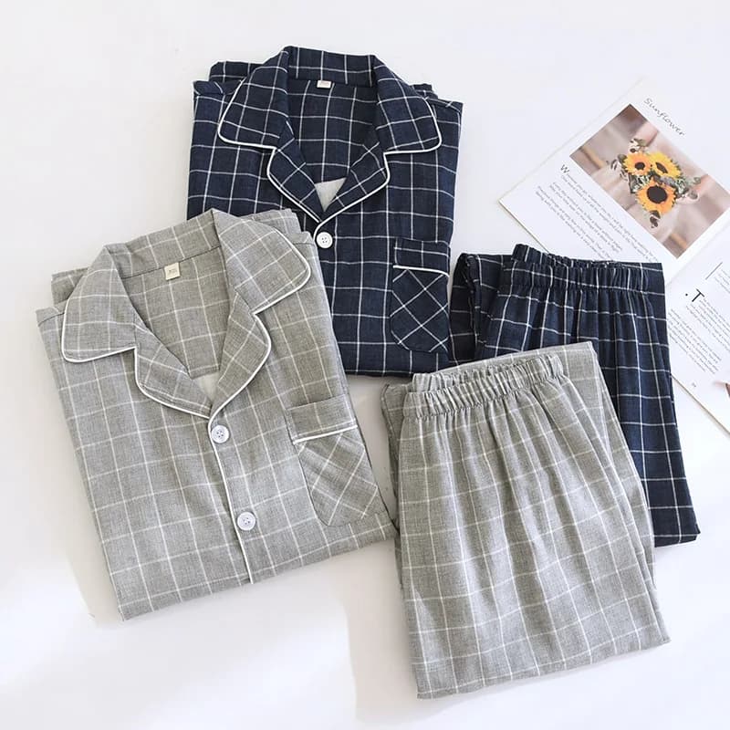Pure Cotton Gauze Pajamas Men's Long-sleeved Trousers Plaid Loungewear Turn-down Collar Loose and Comfortable Sleepwear