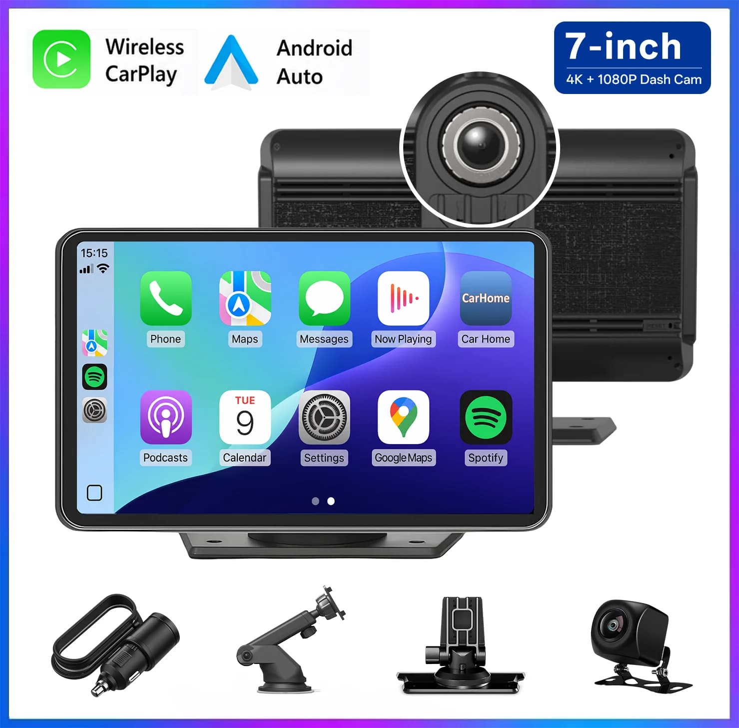 Portable 7" CarPlay Screen Android Auto 4K Dash Cam Rear Camera Navigation Bluetooth Mirror Link Voice Control 64GB TF for Car