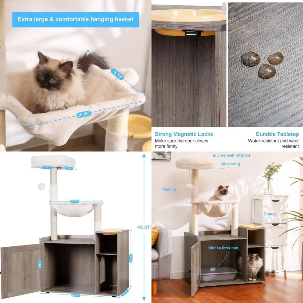 Albero per gatti da interno XL con lettiera, moderna torre grigia rustica con amaca, letto, stazione alimentare, tiragraffi