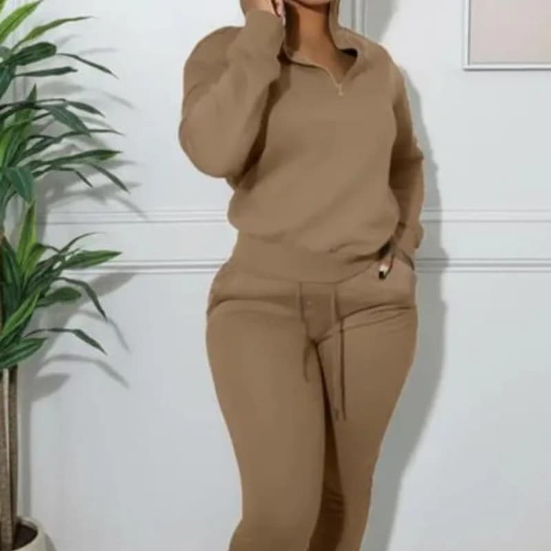 Two Piece Set Women Outfit 2026 Spring Autumn New High Neck Half Zip Drop Shoulder Top & Drawstring Slim Fit Jogger Pants Set