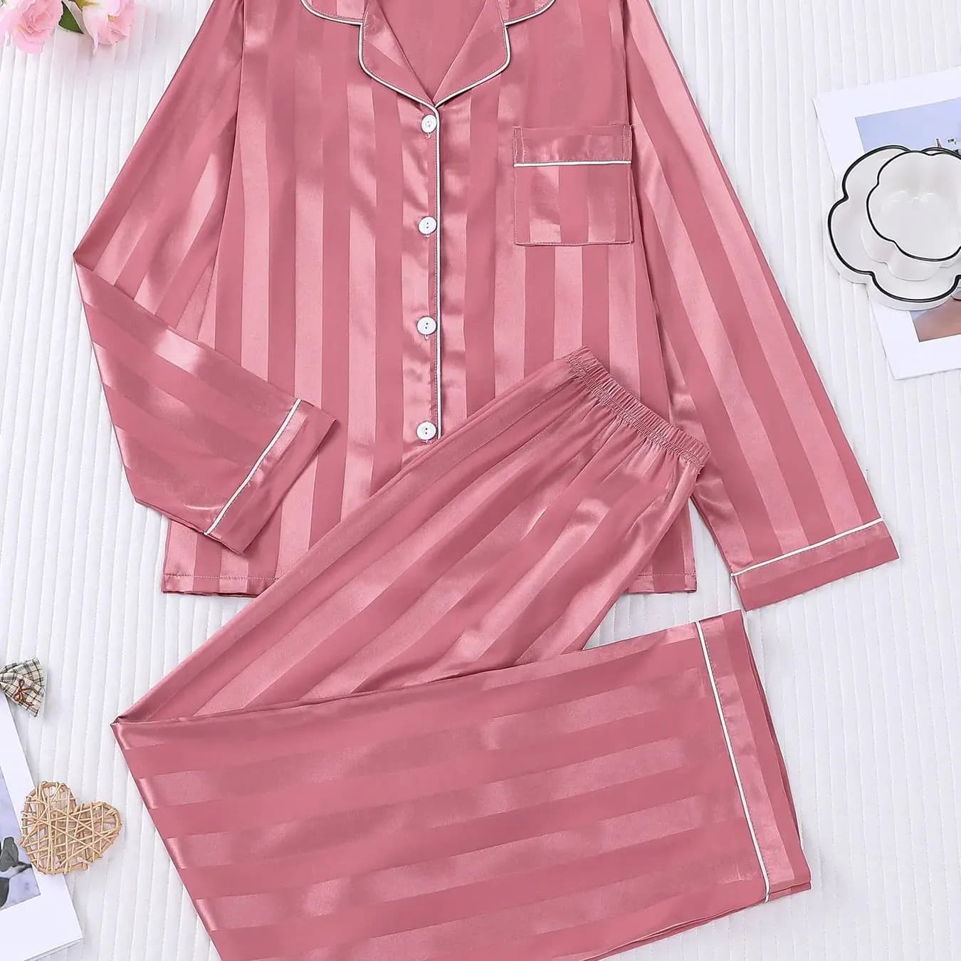 Set di Pigiami di Lusso in Raso per Donna, a Righe Verticali, Maniche Lunghe e Pantaloni Lunghi, Abbigliamento Casual per Casa e Relax