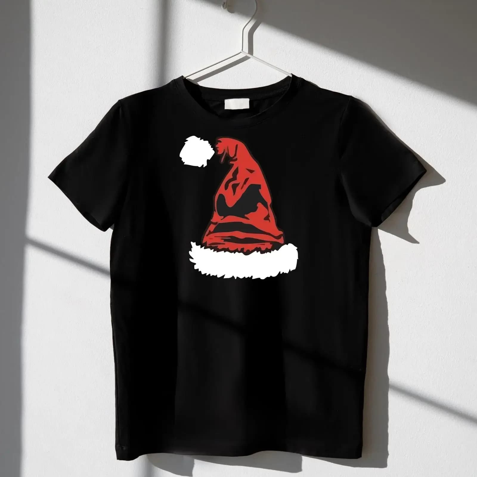 Santa Hat T Shirt Distressed Christmas Black Holiday vintage Washed streetwear Casual Soft Stretched Top For Everyday Wear