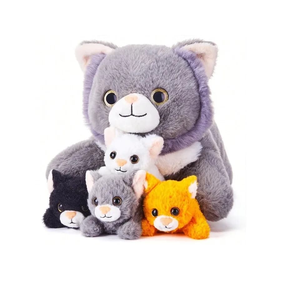 【Nuovo stile】Peluche di gatto British Shorthair IKASA, 16'' mamma con 4 cuccioli, morbido giocattolo in peluche