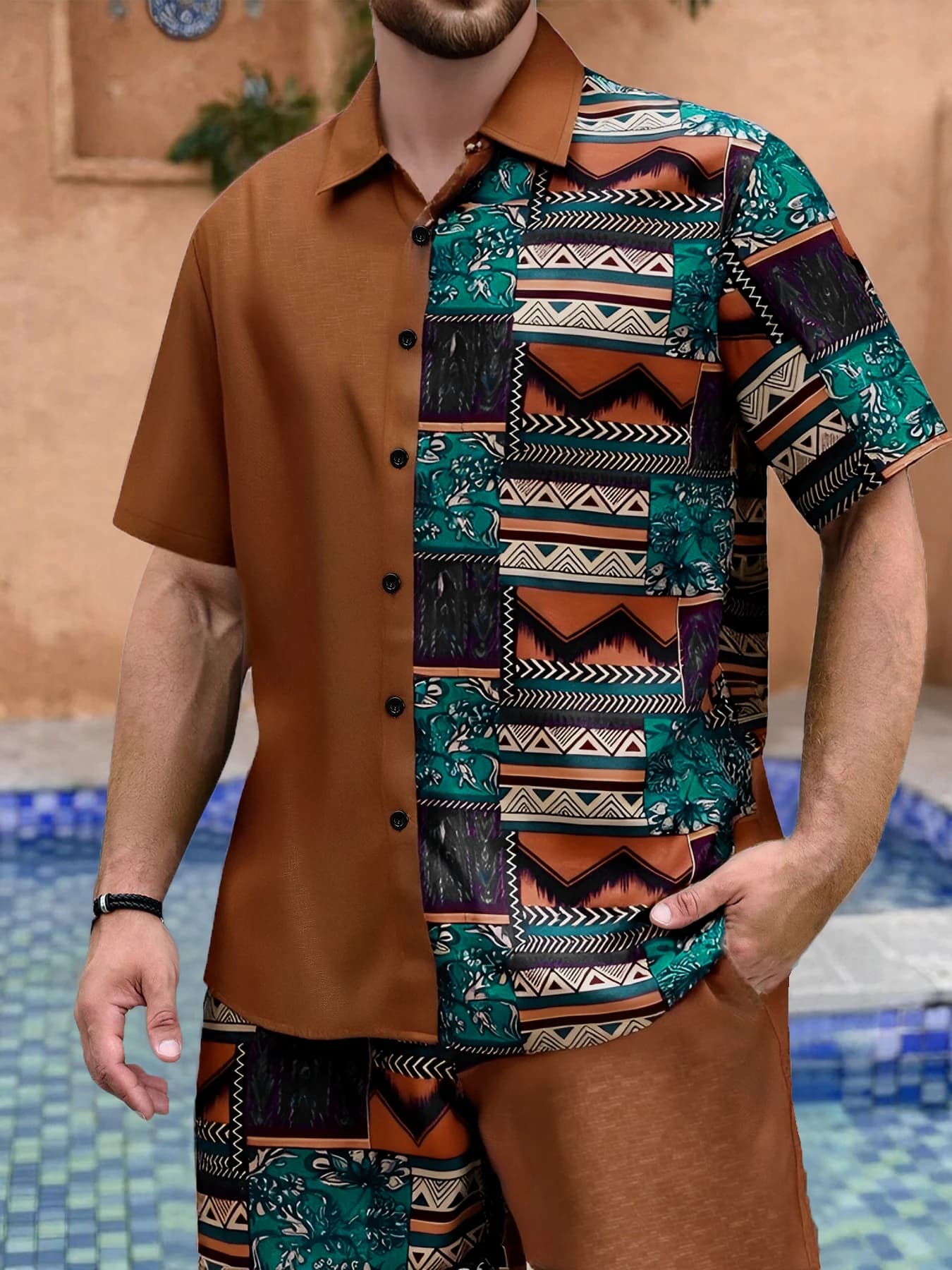 Men's Casual Dress in Khaki with Ethnic Print and Patchwork, Set 2 Pieces with Sleeves Court and Shorts with Coulisse