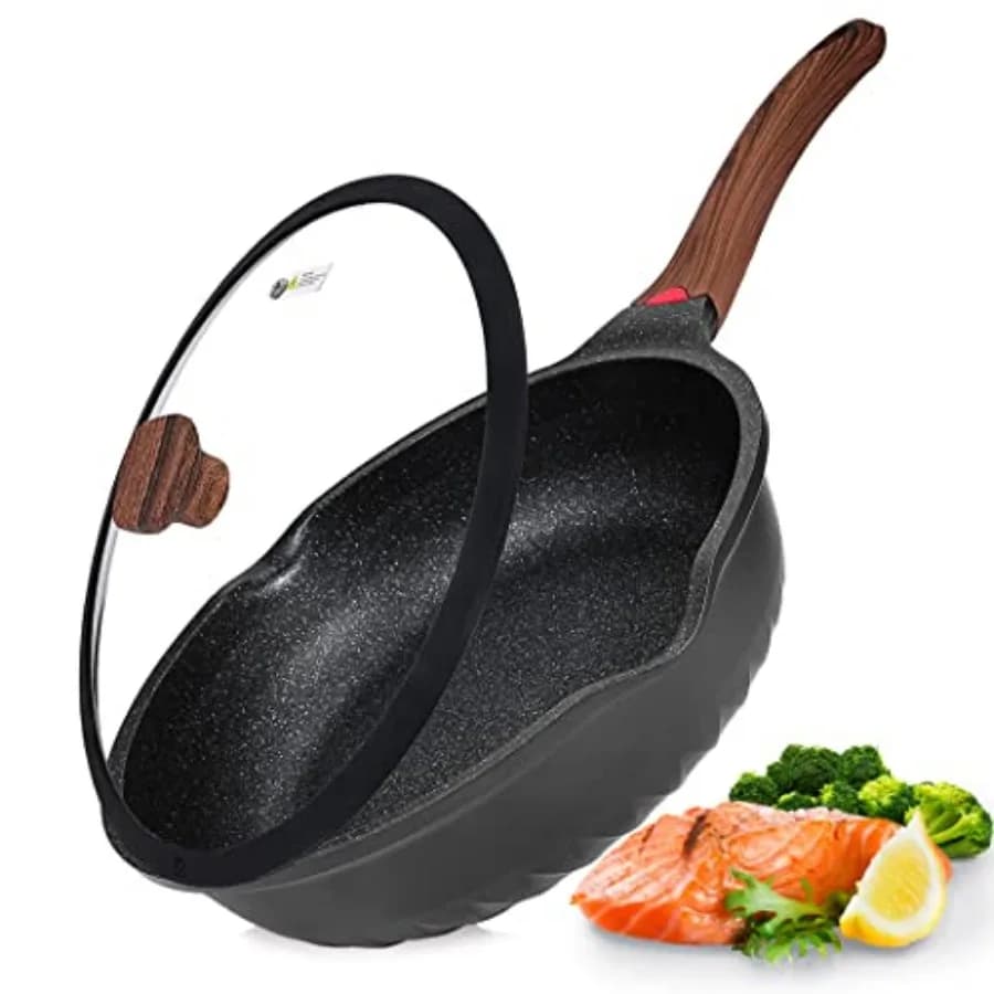 Padella Antiaderente Profonda con Coperchio 12in/5.5Qt, Tecnologia di Rivestimento Ceramico Tedesco 3C+, Indicatore di Calore, Compatibile con Induzione