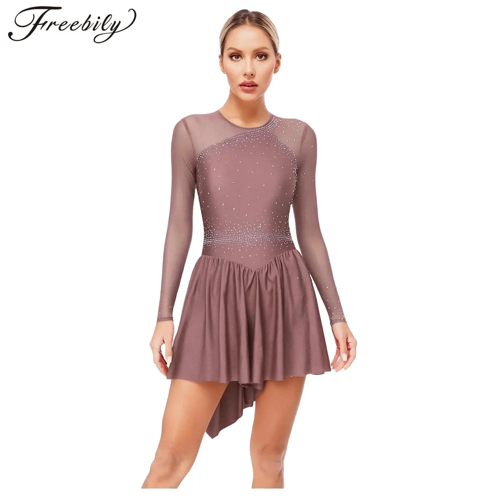 Abito da balletto a maniche lunghe da donna, abbigliamento da pattinaggio di figura, ritaglio di strass scintillanti, body da ginnastica, costume da ballo lirico in rete