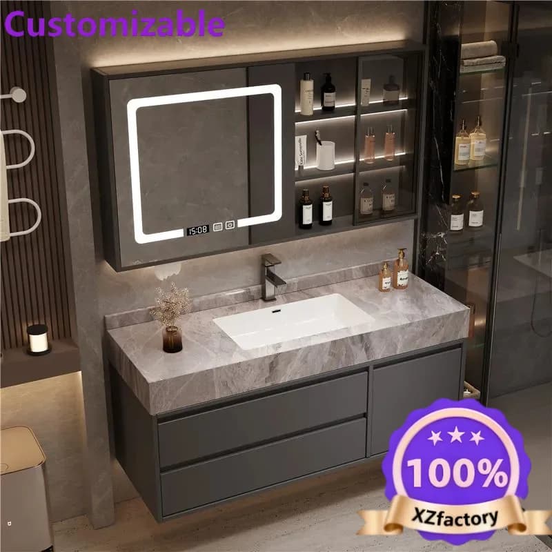 Factory Direct 2026 Modern light luxury bathroom cabinet combination rock slab seamless basin simple hand washing
