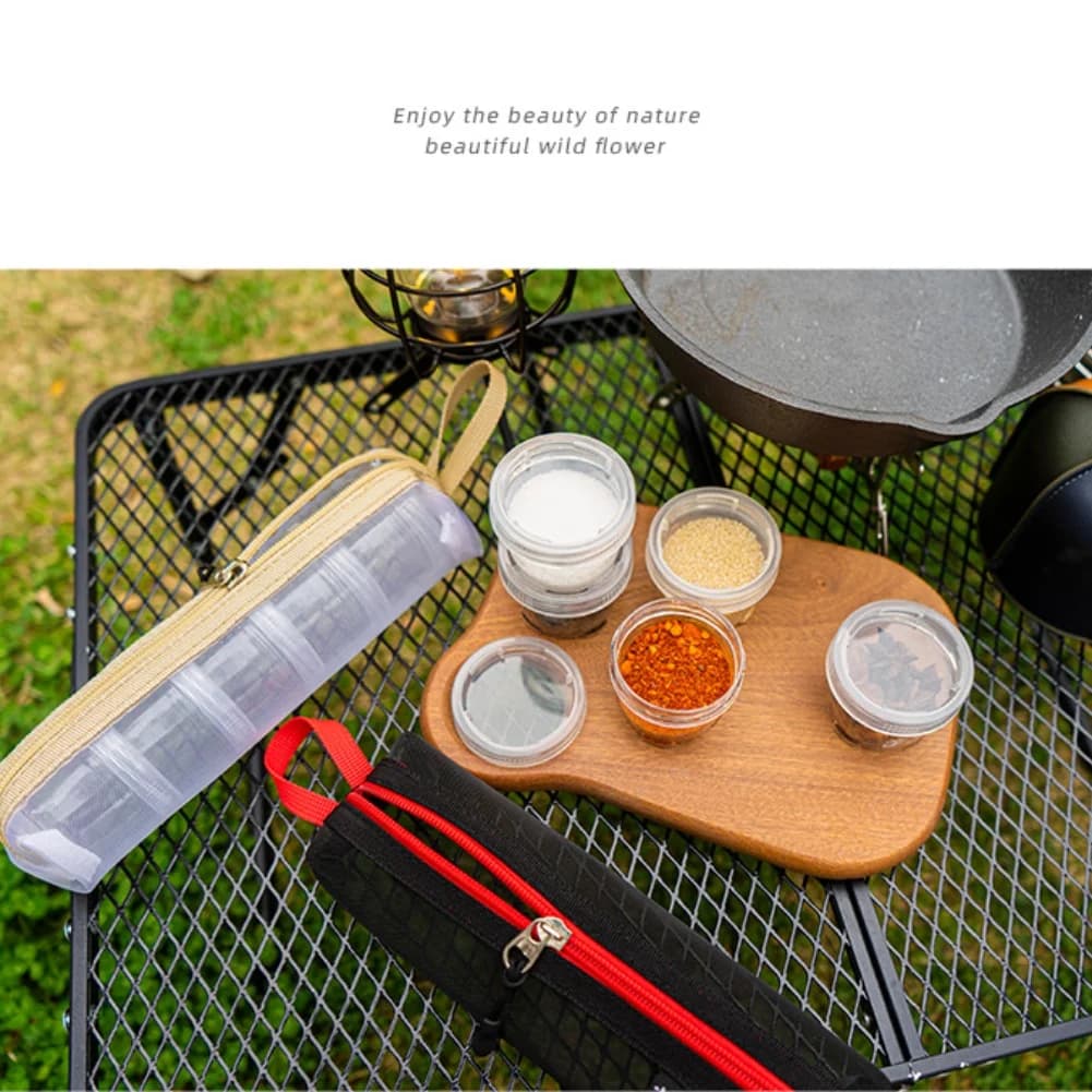 Set di barattoli di spezie modulari da 5 pezzi per esterni per viaggi, picnic, pesca, campeggio, barbecue, PET per uso alimentare + sigillo stretto in nylon