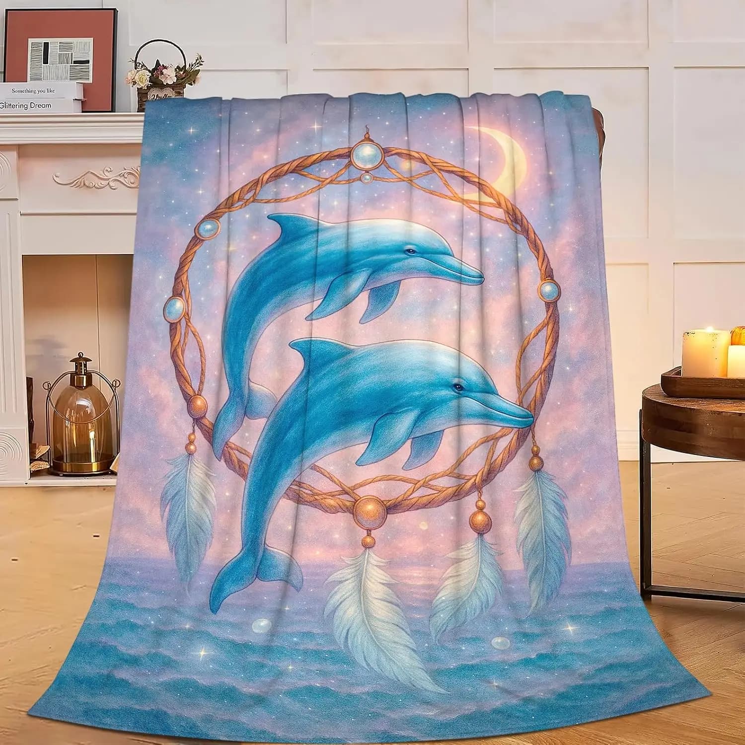 Dolphin Blanket Magical Ocean Dolphins Dreamcatcher Throw Blanket Soft Cozy Fleece Fuzzy Plush Warm Stuff Bedding Nursery Baby