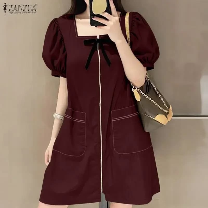 ZANZEA Elegante Abito Estivo da Donna con Scollo Quadrato e Maniche Corte a Sbuffo 2026, Lunghezza al Ginocchio, Stile Urbano, Tinta Unita, per Lavoro e Tempo Libero