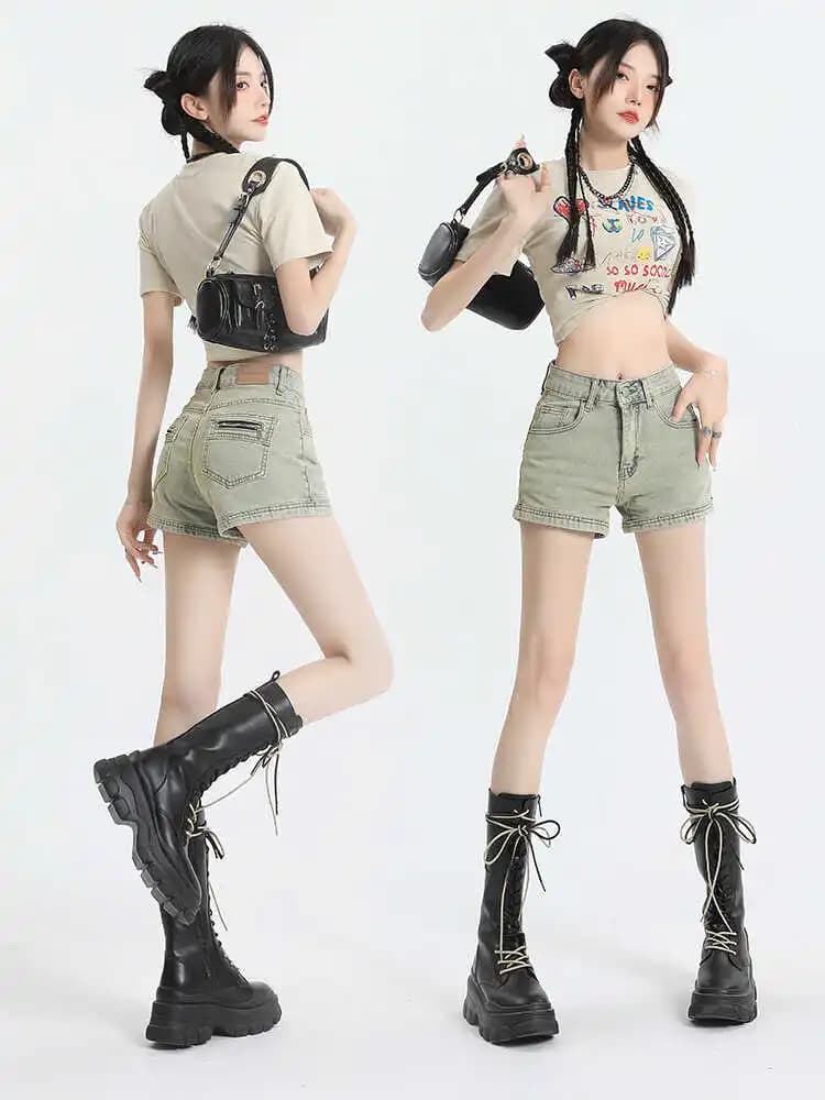 High Waist Short Jeans Women's A-Line Shorts Slimming Design Washed Elastic Arm-Bearing Hot Pants Summer Cotton Stretch Denim