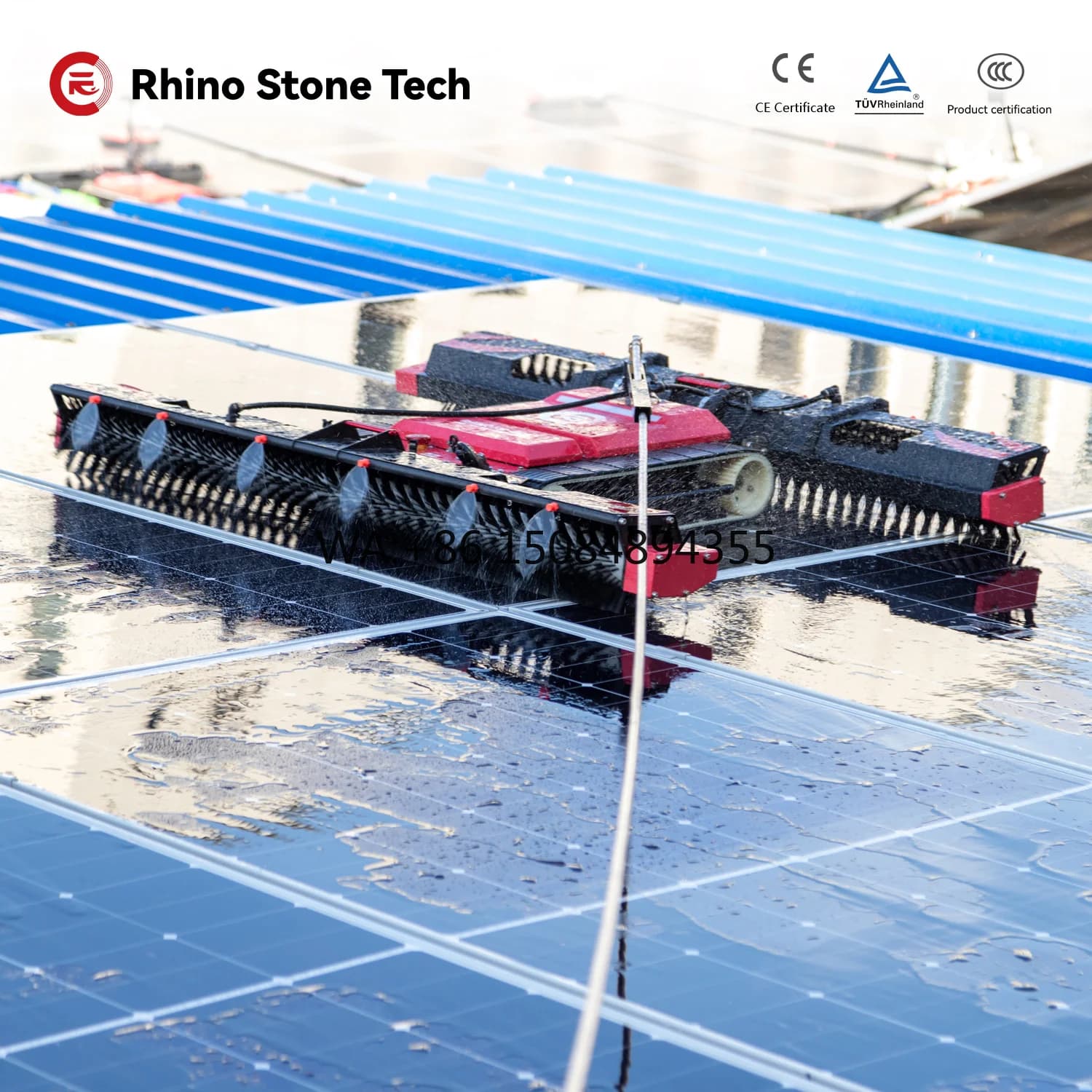 Efficiency Water Fed Dual Brush Outdoor Dust Removal PV Module Washing Roof Photovoltaic Farm Array Solar Panel Cleaning Robot