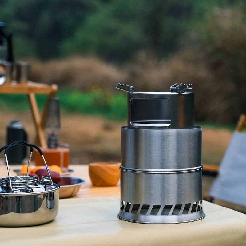 Portable Round Wood Stove from Outdoor Coal Oven Solid Alcohol Brush Size Stainless Steel Pots Optional