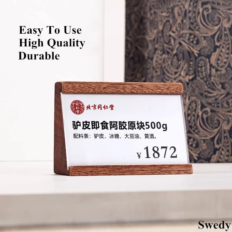 5 Pezzi Porta Cartellini in Legno e Acrilico 70x40mm, Espositore per Numeri Tavolo Matrimonio, Porta Menu Ristorante, Etichette Prezzi