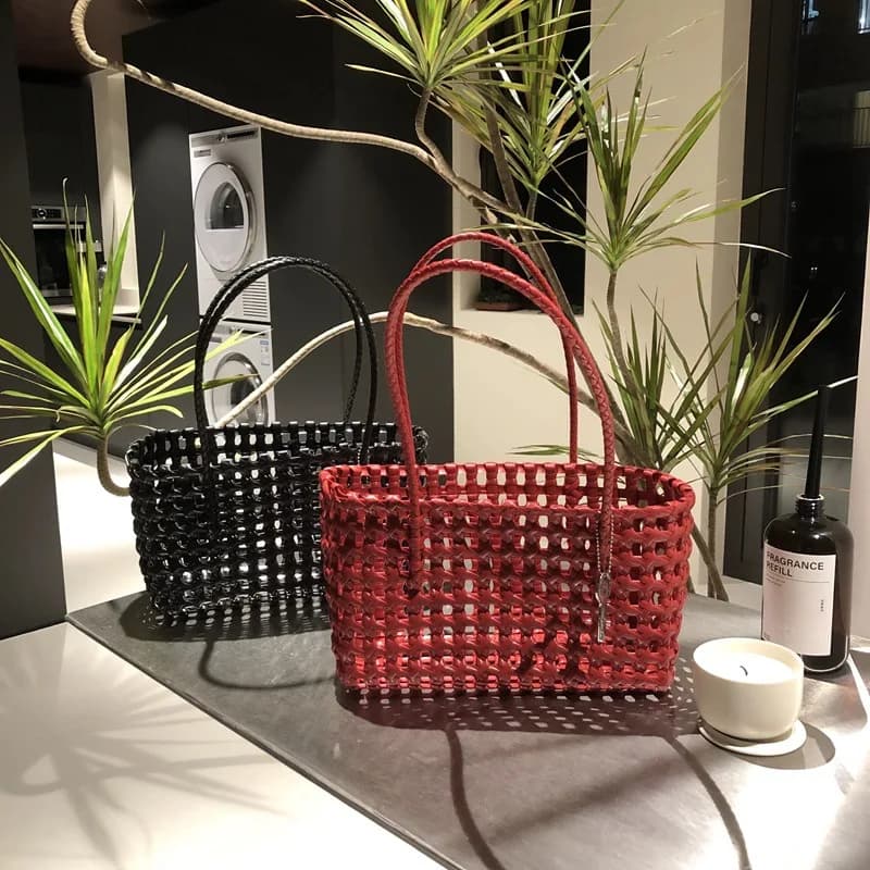 Hollow Woven Shoulder Bag Popular Plastic Editing Basket Handbag Beach Vacation Single Shoulder Handbag Woven Basket