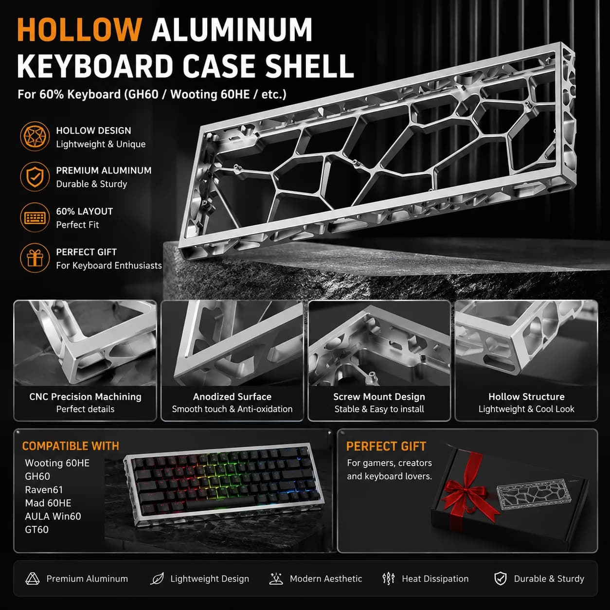 60HE GH60 Holy60 Hollow Aluminum Keyboard Case Shell 60% Mechanical Keyboard for Wooting Mad 60HE Raven61 Aula Win60 GT60