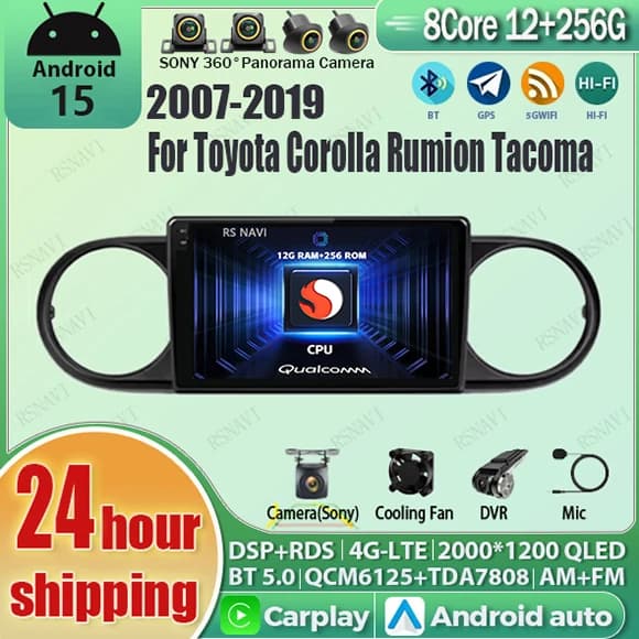 Android 15 Carplay Auto Qualcomm 2K QLED Schermo Lettore di autoradio per Toyota Corolla Rumion Tacoma 2007-2019 GPS Wifi 4G BT Video