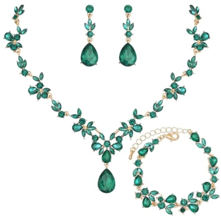 Wedding Jewelry Set for Women Bridal Floral Necklace Dangle Earrings Bracelet Set Crystal Prom Party Costume Accessories for Br