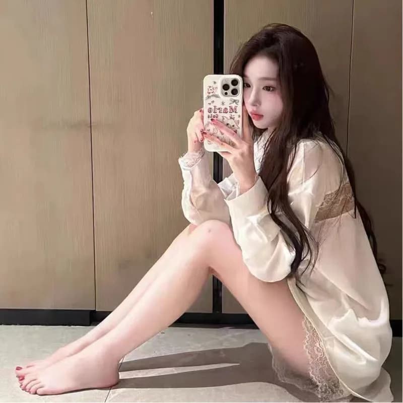 2025 Spring Autumn Sexy Lace Shirt Pants Ice Silk Long Sleeve Boyfriend Women Pajamas Homewear Two Piece Set Nightgown Sleepwear
