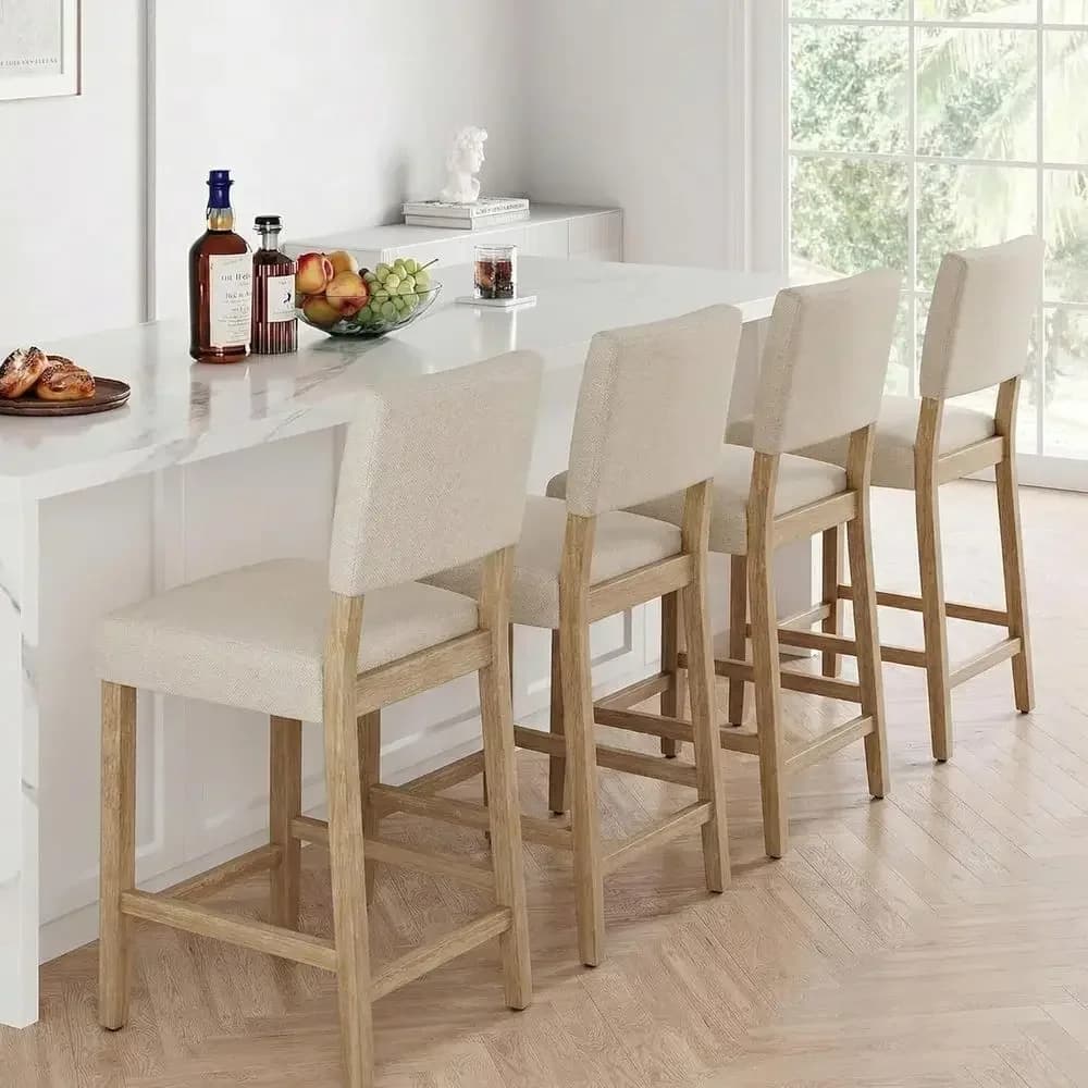 Set of 4 Upholstered Counter Height Bar Stools with Wood Legs, Beige Towel Cloth Included