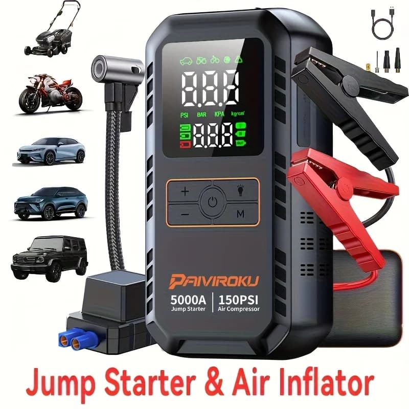 Portable Jump Starter 7-in-1 with Air Compressor, 150 PSI Air Pump for Car Tires, 5000A Peak Jump Starter for Car (7.0LGas/1.59gal Diesel), LCD Display, LED Flashlight and Emergency Light, QC3.0 Fast Charging Portable Power Bank