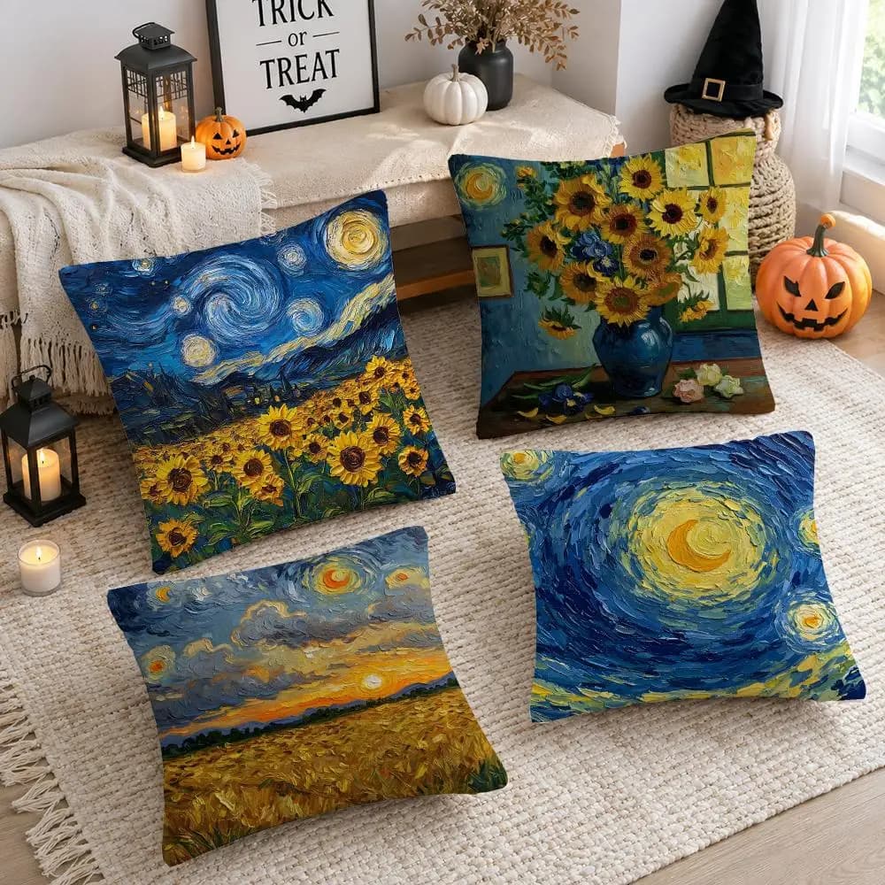 V-Van Gogh Oil Painting Cushion Cover Plush Decorative Pillow Case With Hidden Zipper Cutecore Room Decor For Home