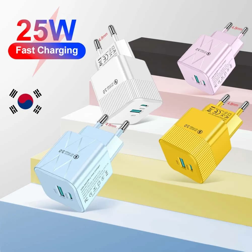 Caricatore rapido USB PD da 25 W Adattatore di ricarica per telefono QC3.0 a 2 porte a ricarica rapida per caricabatterie da muro con spina iPhone Xiaomi Samsung KR