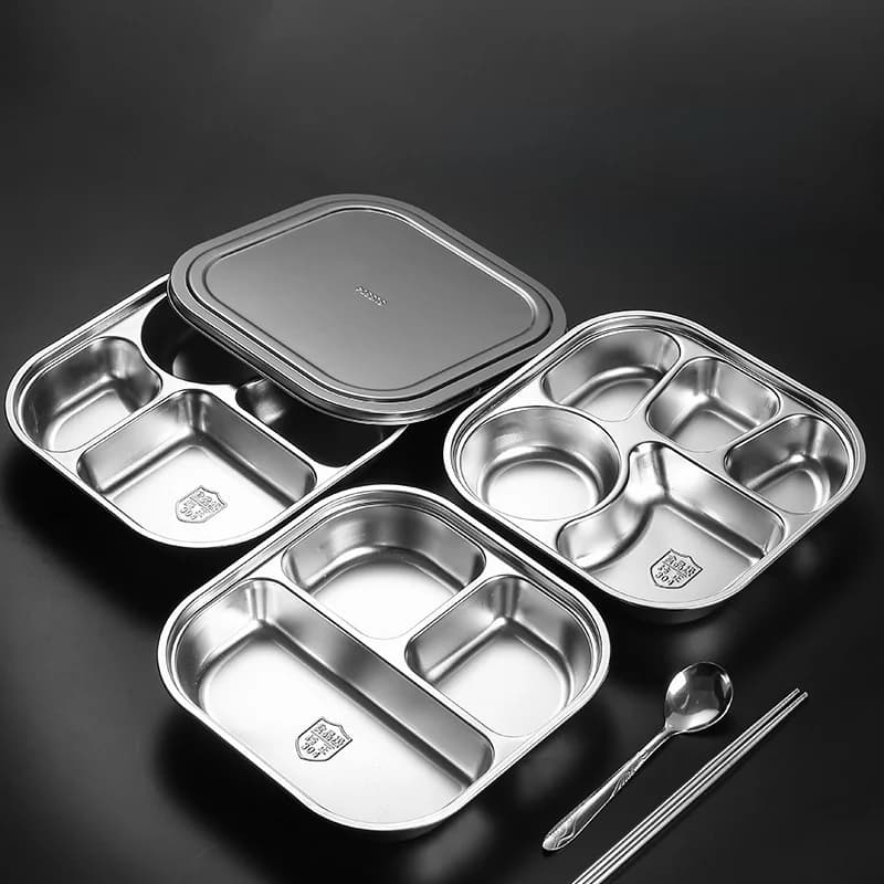 Piatto per Pasti in Acciaio Inox 304 di Grado Alimentare, Diviso in Tre Scomparti con Coperchio, per Adulti, Studenti e Fast Food