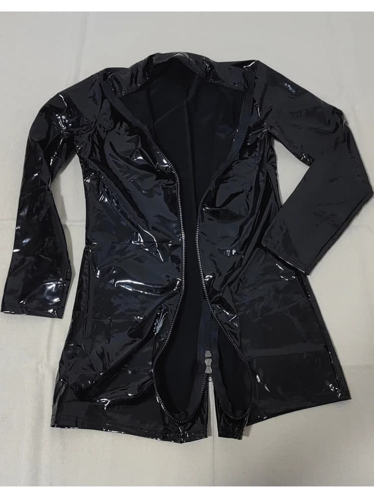 Tuta intera in PVC effetto bagnato a maniche lunghe, in similpelle lucida, con 3 cerniere, body attillato, cosplay, leotard, teddy, unitard, costume da bagno