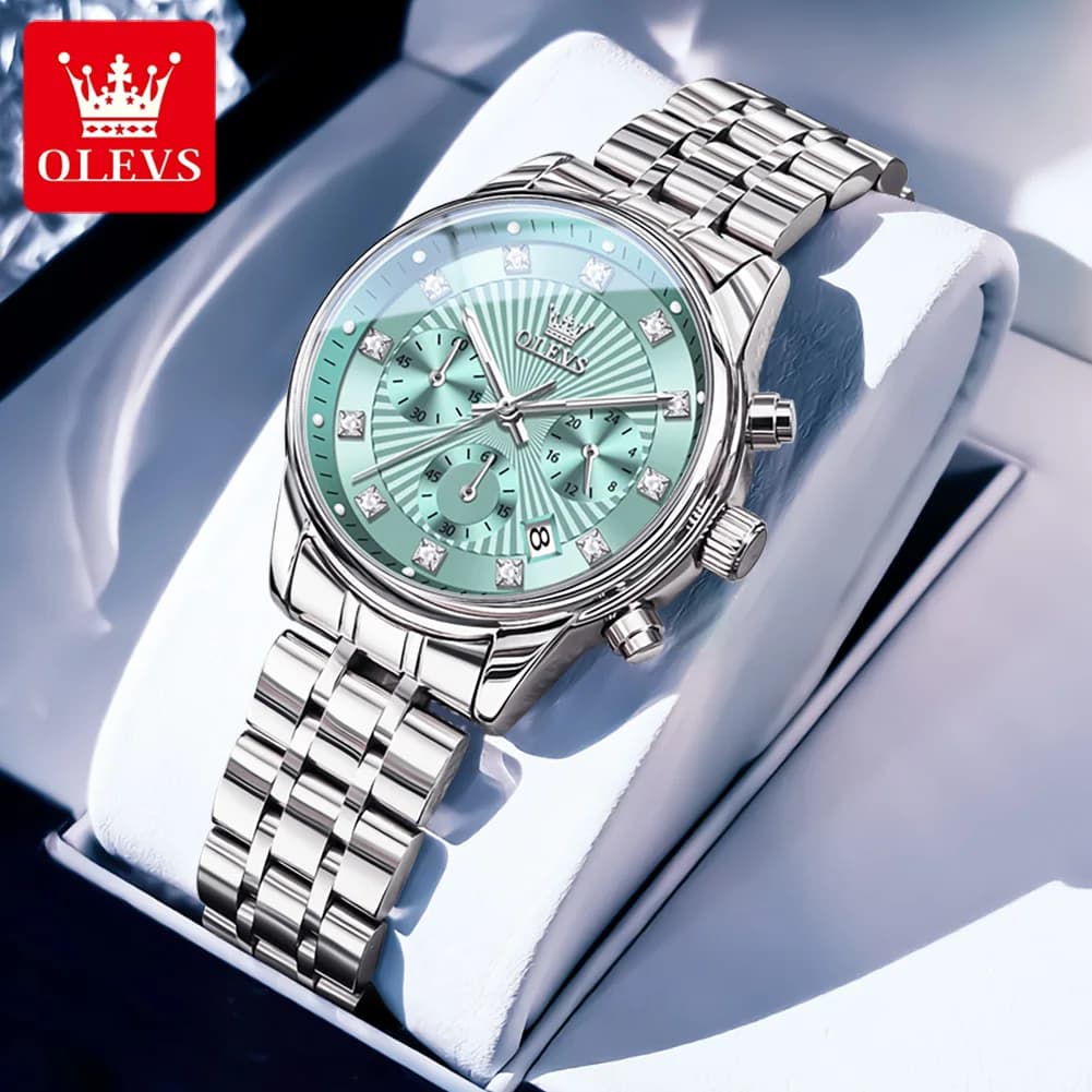OLEVS Orologi da donna Orologio al quarzo da donna alla moda Calendario quadrante verde Orologi da donna di lusso in acciaio inossidabile reloj mujer