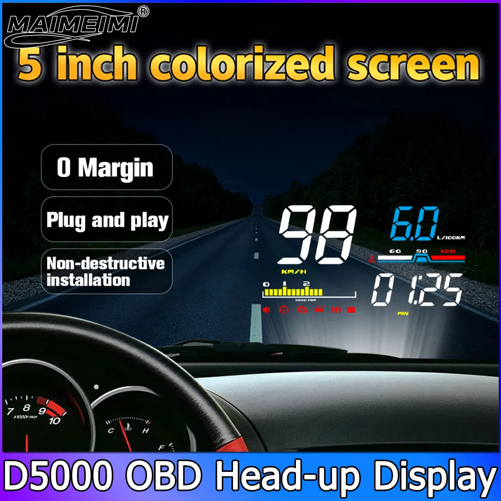 Display Head-Up per Auto D5000, Strumento Diagnostico OBD2, Allarme di Sicurezza Digitale, Tachimetro, Proiettore su Parabrezza, Contagiri