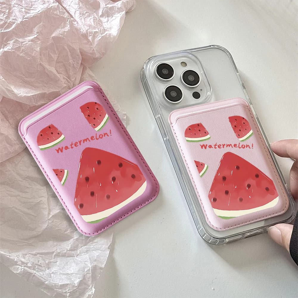 Portafoglio per telefono in pelle con motivo estetico a forma di anguria estiva, compatibile con MagSafe, custodia sottile da tasca posteriore, antiurto, resistente e dal design elegante.