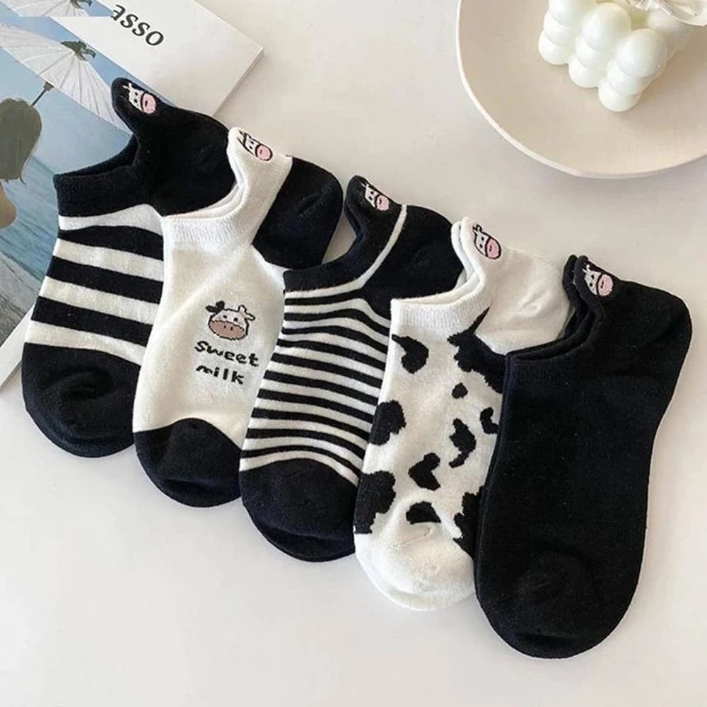 5 paia di calzini da barca con motivo mucca da donna, alla moda, versatili, a righe, per ragazza, morbidi, comodi, traspiranti, casual