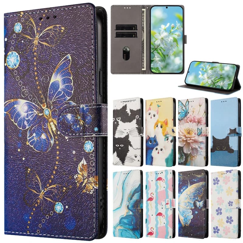 Custodia per telefono con supporto a portafoglio per Samsung Galaxy S25 S24 S23 Ultra S25 FE S 24 fe S23FE S25 + Plus Cover Cartoon Cute Cat Etui