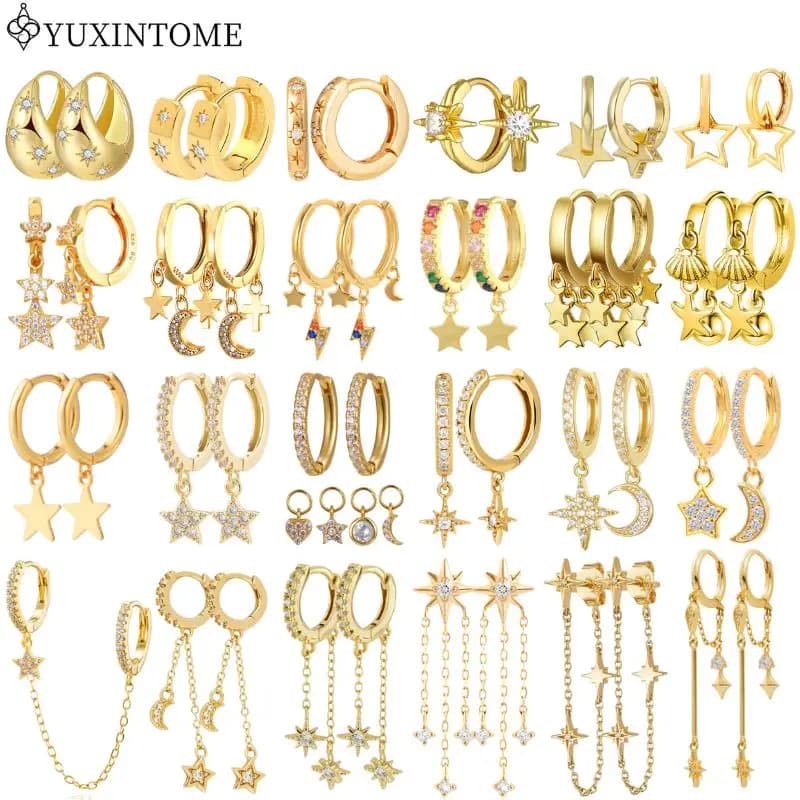 YUXINTOME 925 Sterling Silver Ear Needle Women's Zircon Hoop Earrings Star/Moon/Square Drop Huggie Earrings Party Luxury Jewelry