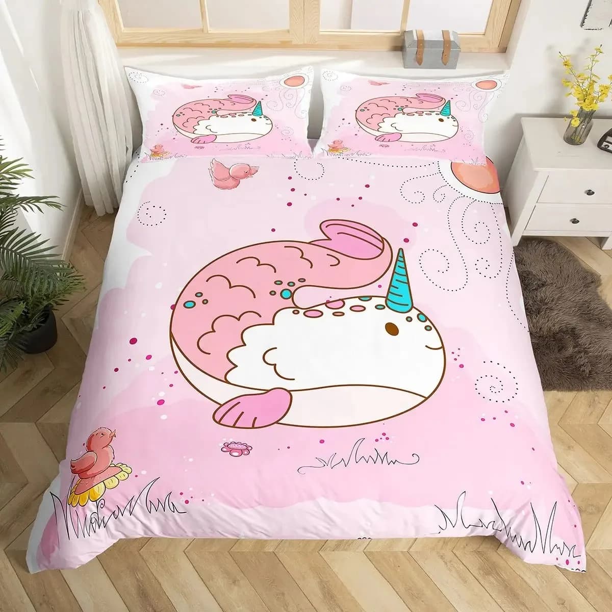 Blue Sea King/Full Bale Cover, Children's Bed Linen Set with Animals Marini Carton Animated, Navy Wave Cover
