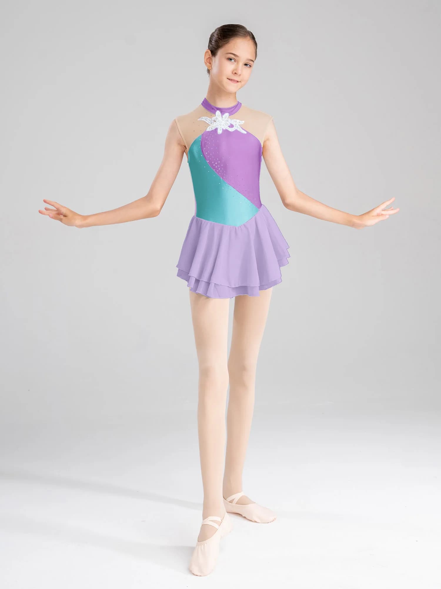 Vestito da Pattinaggio Artistico e Danza per Bambine, con Strass Floreali e Tulle Trasparente, Body per Ginnastica Ritmica