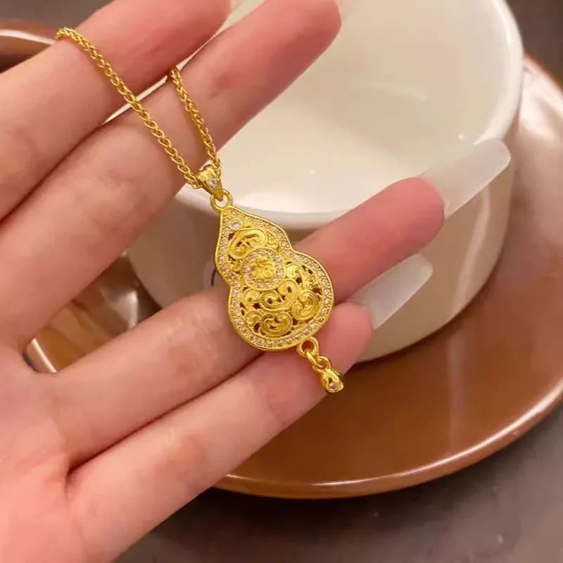 HX Elegant Chinese Bohemian Style Engraved Mini Gourd Pendant Necklace with Bell Charm - Vintage Inspired Lucky Fu Lu Jewelry