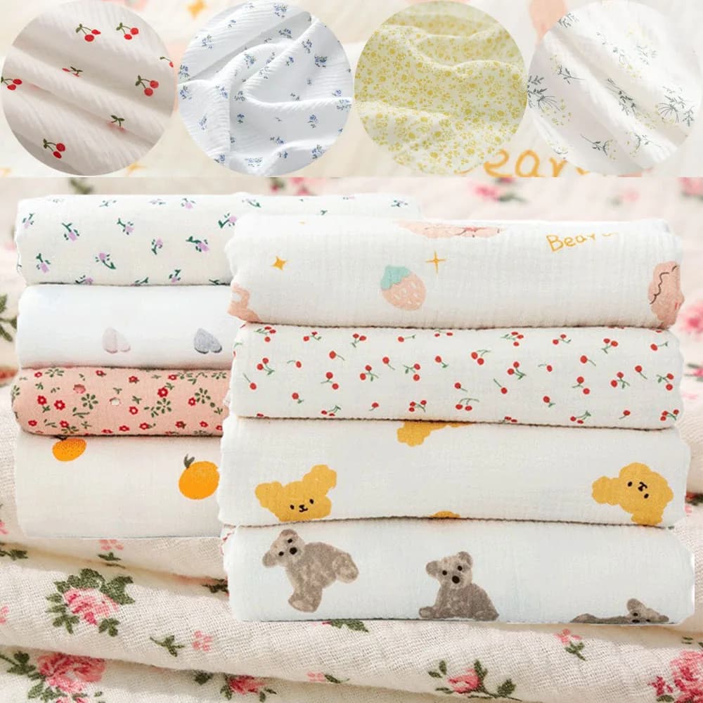130x50 cm Pink Yellow Flower Print 100% Cotton Double Layer Crepe Fabric For Clothing Sheets Quilting Cucito FAI DA TE Handmade Material