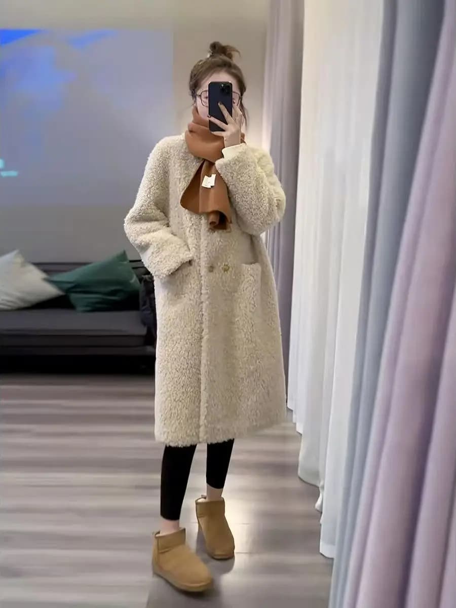 Warm Lamb Fur Jacket Long Sleeve High Waist Commuter Style Korean Loose Fit Winter Outerwear Coat for plus Size Women