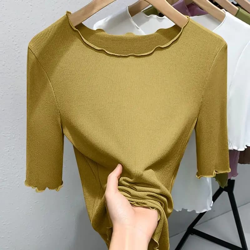 Bluse Coreane alla Moda con Collo a O in Tinta Unita, Abbigliamento Femminile Estivo, Nuovi Pullover Slim Casual, Top Versatili