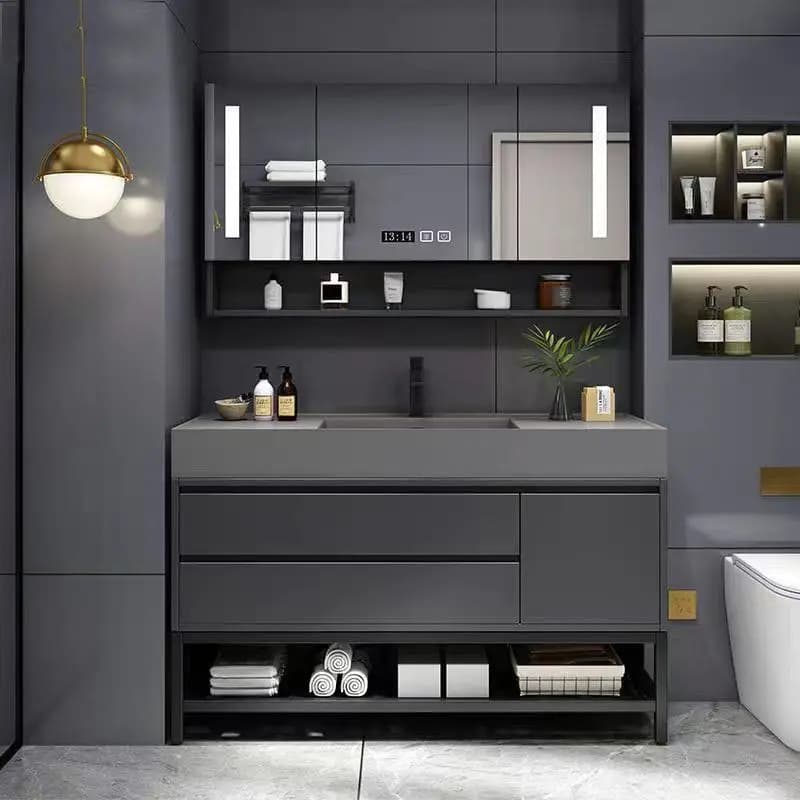 Combinazione di mobili da bagno in legno massello integrato Rock, lavabo semplice e intelligente, specchio per il viso