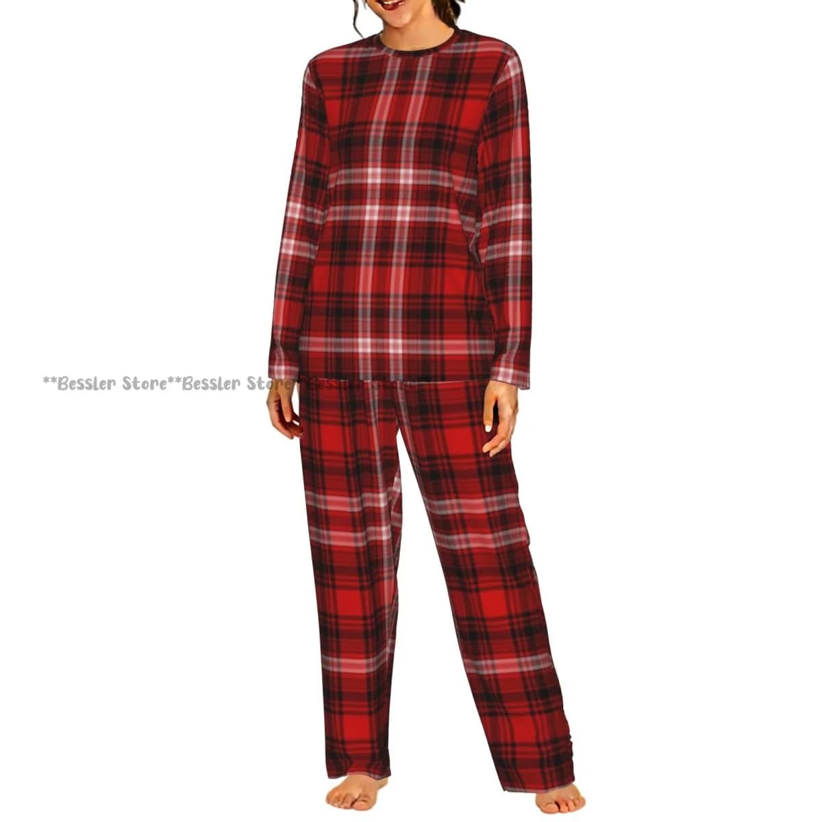 Women Round Neck Pajama Suit Long Sleeve Tops Long Pants Plaid Nostalgic Striped Pattern Ladies Nightwear Home Outfit